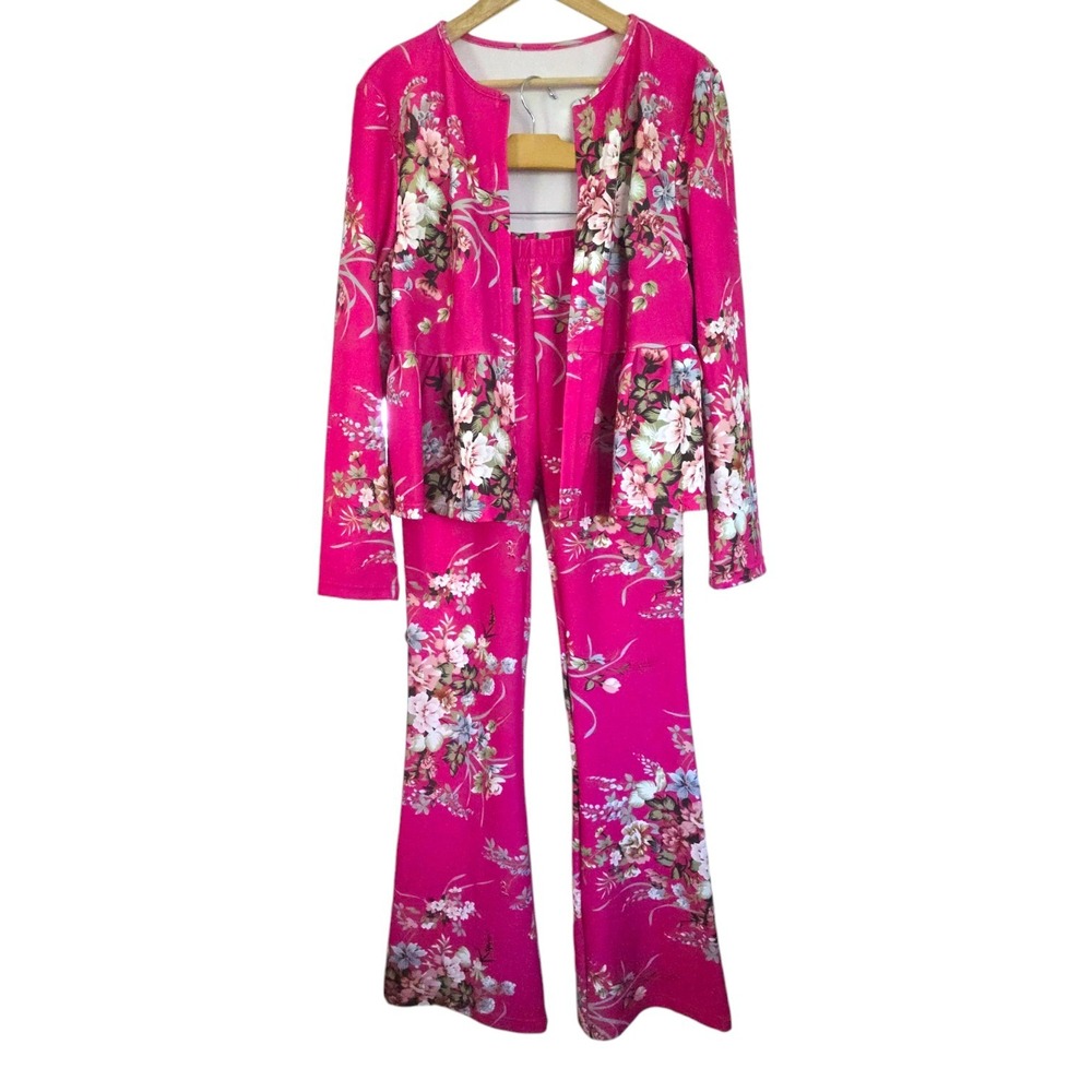 Shein 2-Piece Pink Floral Stretch Outfit L Cardigan Jacket & M Flare Pants